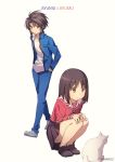  1boy 1girl artist_name azumanga_daioh blue_jacket brown_eyes brown_hair cat crossover full_body hands_in_pockets highres jacket kasuga_ayumu namesake narumi_ayumu pleated_skirt school_uniform skirt spiral_(manga) squatting yohan12 