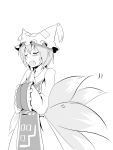  1girl closed_eyes commentary_request cowboy_shot dress fang fox_tail frills greyscale hands_in_sleeves hat kyuubi long_sleeves mob_cap monochrome multiple_tails open_mouth pillow_hat short_hair solo tabard tail tamahana tassel touhou tsurime white_dress wide_sleeves yakumo_ran 