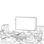  arsenixc bottle chips computer_keyboard computer_mouse controller cup game_controller highres lineart monitor monochrome no_humans original pencil plate speaker stylus table tablet template wacom water_bottle webcam 