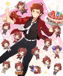  1boy book boxing_gloves cake candle chibi desk facial_hair flag food from_above goatee idolmaster idolmaster_side-m l_(matador) male_focus multiple_persona multiple_views necktie number red_eyes redhead smile tendou_teru 