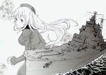  1girl absurdres atago_(cruiser) atago_(kantai_collection) beret breasts coat engeki-bu_danshi flower greyscale hat highres ink_(medium) kantai_collection large_breasts long_hair military military_uniform mixed_media monochrome rose ship solo traditional_media uniform warship 