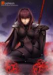  1girl arm_support armor bodysuit breasts commentary covered_navel fate/grand_order fate_(series) flower gae_bolg large_breasts long_hair looking_at_viewer mibry_(phrysm) pauldrons polearm purple_hair red_eyes scathach_(fate/grand_order) sitting smile solo spear spider_lily spread_legs very_long_hair weapon 