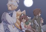  4girls animal_ears blonde_hair bow bowtie breasts brown_eyes cat_ears chen cleavage commentary_request crossed_arms dirty earrings fox_tail full_moon futatsuiwa_mamizou glasses gourd green_hair hands_in_sleeves hat jewelry kasodani_kyouko mob_cap moon multiple_girls multiple_tails night raccoon_ears raccoon_tail short_hair single_earring sitting smile tabard tail tamahana touhou upper_body yakumo_ran yellow_bow yellow_bowtie 
