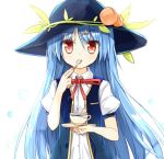  1girl black_hat blue_hair blue_vest blush bow bowler_hat bowtie buttons collared_shirt cup eyebrows eyebrows_visible_through_hair food fruit hair_ornament hairclip hat hinanawi_tenshi holding holding_cup holding_spoon long_hair looking_at_viewer open_clothes open_vest peach plant pocket puffy_short_sleeves puffy_sleeves red_bow red_bowtie red_eyes saucer shirt short_sleeves solo spoon_in_mouth tareme teacup teaspoon touhou unbuttoned upper_body very_long_hair vest vines white_shirt yuuhagi_(amaretto-no-natsu) 