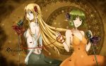  2girls blonde_hair blue_eyes breasts butterfly_hair_ornament cleavage elbow_gloves gloves green_eyes green_hair gumi hair_ornament highres lily_(vocaloid) long_hair looking_back microphone microphone_stand multiple_girls red_ribbon ribbon short_hair sideboob tattoo vocaloid yaya_(y8ay8a) 