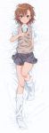  1girl arm_at_side bed_sheet blush brown_eyes brown_hair closed_mouth collared_shirt dakimakura emblem eyebrows eyebrows_visible_through_hair fingernails from_above full_body grey_skirt hair_ornament hairpin hand_on_own_chest highres knee_up kneehighs loose_socks miniskirt misaka_mikoto puma_(hyuma1219) shirt short_hair short_sleeves skirt smile socks solo sweater_vest to_aru_kagaku_no_railgun to_aru_majutsu_no_index tsurime white_legwear 