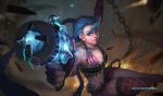  1girl artist_name bandolier bikini_top blue_hair braid bullet chain electricity gone_(zlhshiwo) gun handgun jewelry jinx_(league_of_legends) league_of_legends lips long_hair midriff necklace nose pink_eyes shorts single_thighhigh small_breasts solo swinging tattoo thigh-highs twin_braids very_long_hair weapon 