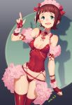  1girl 2016 alternate_costume amami_haruka breasts brown_hair cleavage codename47 covered_navel dated fingerless_gloves gloves green_eyes idolmaster index_finger_raised looking_at_viewer open_mouth panties red_gloves red_legwear red_panties short_hair smile solo thigh-highs underwear 