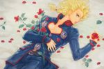  1boy alternate_hairstyle blonde_hair blue_eyes chiharu_(dididididinosaur) earrings flower giorno_giovanna jewelry jojo_no_kimyou_na_bouken lying male_focus on_back petals ponytail profile rose rose_petals solo wavy_hair 