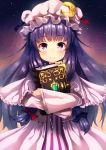  1girl bangs blue_bow blue_ribbon blush book bow capelet crescent crescent_hair_ornament dress hair_bow hair_ornament hat hat_ribbon highres long_hair long_sleeves looking_at_viewer mob_cap patchouli_knowledge purple_hair red_bow red_ribbon ribbon sidelocks smile solo striped striped_dress sunsuke touhou vertical_stripes violet_eyes wide_sleeves 