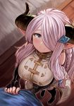  1girl black_boots blue_eyes boots braid breasts commentary_request from_above granblue_fantasy hair_ornament hair_over_one_eye hairclip highres horns large_breasts lavender_hair narumeia_(granblue_fantasy) omaru_gyuunyuu pointy_ears smile solo_focus 