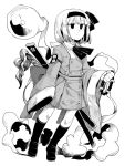  1girl anarogumaaa armlet bangs beads blunt_bangs bow bowtie buttons closed_mouth coat double-breasted expressionless fingernails full_body ghost hair_ribbon hairband hands_in_sleeves hitodama holding kneehighs konpaku_youmu konpaku_youmu_(ghost) loafers long_sleeves magatama neckerchief prayer_beads ribbon sheath sheathed shoes short_hair simple_background smoke socks solo spot_color sword tassel touhou weapon white_background wide_sleeves 