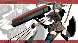  &gt;:| 1girl arrow bike_shorts boots bow_(weapon) green_eyes hakama_skirt heavens_thunder_(byakuya-part2) highres kantai_collection long_hair muneate quiver solo thigh-highs thigh_boots twintails weapon yugake zettai_ryouiki zoom_layer zuikaku_(kantai_collection) 