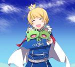  1boy :d blonde_hair blue_sky cape character_doll closed_eyes clouds crown earrings holding_stuffed_animal idolmaster idolmaster_side-m jewelry male_focus mudo_(saji) open_mouth outdoors pierre_(idolmaster) sky smile solo standing stuffed_animal stuffed_frog stuffed_toy white_cape 