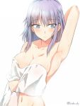  1girl arm_up armpits breasts cleavage collarbone dagashi_kashi kanden_suki large_breasts lavender_eyes lavender_hair naked_towel navel shidare_hotaru solo towel toweling_off wet 