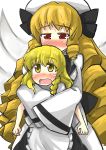  2girls blonde_hair blush braid drill_hair fairy_wings gaoo_(frpjx283) hat highres hug hug_from_behind kirisame_marisa long_hair luna_child multiple_girls older open_mouth red_eyes side_braid touhou very_long_hair wide_sleeves wings yellow_eyes 