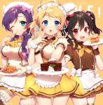  ! 3girls :d :o ;d alternate_costume apron aqua_eyes ayase_eli bangs beret black_hair blonde_hair blue_eyes blue_ribbon bow braid breasts brown_legwear cake chef_hat chef_uniform chips chocolate copyright_name cowboy_shot cream double-breasted eyebrows eyebrows_visible_through_hair eyelashes fingernails food frilled_apron frilled_skirt frilled_sleeves frills fur_trim garters hair_bow hair_over_shoulder hair_ribbon hand_on_another&#039;s_shoulder hat holding holding_food holding_plate ichinose_yukino locked_arms long_fingernails long_hair love_live!_school_idol_project maid_headdress miniskirt multiple_girls neckerchief one_eye_closed open_mouth outline pink_bow plate ponytail puffy_short_sleeves puffy_sleeves purple_hair red_eyes ribbon sauce short_sleeves simple_background skirt slice_of_cake smile swept_bangs thigh-highs thigh_gap toque_blanche toujou_nozomi twintails twitter_username waist_apron white_apron white_hat wrist_cuffs yazawa_nico yellow_background yellow_skirt 
