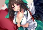  1girl :d between_breasts bird_wings black_wings bow breasts brown_hair cape cleavage dd_mayohara feathered_wings hair_bow heart large_breasts looking_at_viewer open_mouth red_eyes reiuji_utsuho short_sleeves smile solo touhou wings 