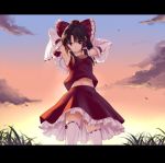  1girl armpits arms_behind_head arms_up ascot black_hair bow clouds commentary_request cowboy_shot detached_sleeves grass hair_bow hair_tubes hakurei_reimu letterboxed long_sleeves looking_at_viewer midriff navel pose red_eyes ribbon-trimmed_sleeves ribbon_trim shirt skirt skirt_set sky smile solo sunset takemori_shintarou thigh-highs touhou upskirt white_legwear wide_sleeves 