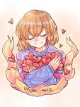  androgynous blush brown_hair closed_eyes copyright_name eyebrows eyebrows_visible_through_hair frisk_(undertale) heart holding ribbon smile solo striped striped_sweater sweater tesha undertale upper_body 