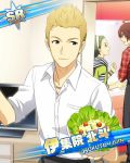  ahoge amagase_touma blonde_hair brown_hair card_(medium) character_name clenched_hand cowlick earrings eye_contact food green_hair grey_eyes hairband idolmaster idolmaster_side-m ijuuin_hokuto indoors jewelry looking_at_another male_focus mitarai_shouta necklace official_art open_mouth plaid plaid_shirt shirt smirk striped striped_shirt television white_shirt wristband 