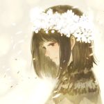 1girl backlighting head_wreath monochrome original petals portrait profile sakimori_(hououbds) short_hair simple_background smile solo white_background wind wreath 
