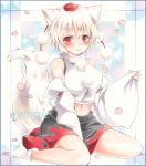  1girl animal_ears bare_shoulders blush breasts detached_sleeves hat inubashiri_momiji large_breasts looking_at_viewer midriff navel pom_pom_(clothes) potto_(minntochan) red_eyes sample short_hair silver_hair sitting solo tail tokin_hat touhou traditional_media wolf_ears wolf_tail 