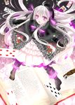  1girl alice_(fate/extra) black_ribbon book card dress fate/grand_order fate_(series) frilled_dress frills full_body hair_ribbon highres king_of_diamonds long_hair mushroom nursery_rhyme_(fate/extra) open_book open_mouth playing_card queen_of_clubs ribbon silver_hair solo star violet_eyes yuzushiro_(sei) 