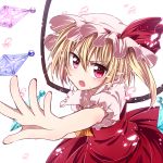  1girl blonde_hair bow fang flandre_scarlet haiiro_(immature) hat hat_bow mob_cap open_mouth outstretched_hand pointy_ears red_eyes side_ponytail solo touhou wings 