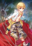  1boy blonde_hair chain child child_gilgamesh collarbone fate/grand_order fate_(series) gilgamesh jacket looking_at_viewer navel official_art open_clothes open_jacket outdoors red_eyes short_hair solo tattoo tree white_jacket 
