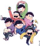  6+boys :&lt; :3 alcohol beer beer_can black_hair brothers cat heart heart_in_mouth highres huni0617 looking_at_another looking_back male_focus matsuno_choromatsu matsuno_ichimatsu matsuno_juushimatsu matsuno_karamatsu matsuno_osomatsu matsuno_todomatsu messy_hair multiple_boys osomatsu-kun osomatsu-san sextuplets siblings simple_background sunglasses sunglasses_on_head triangle_mouth twitter_username white_background 