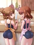  2girls :d apron ass brown_eyes brown_hair counter cup cupboard cutting_board fang flower folded_ponytail from_behind hair_ornament hairclip holding_knife ikazuchi_(kantai_collection) inazuma_(kantai_collection) indoors kantai_collection knife lipstick long_hair makeup mug multiple_girls open_mouth plate pot school_swimsuit smile standing swimsuit yellow_eyes you_naka 
