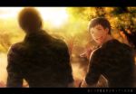  2boys closed_eyes from_behind idolmaster idolmaster_side-m letterboxed looking_at_another male_focus military military_uniform multiple_boys open_mouth shingen_seiji shiron_(shiro_n) sitting smile spoon sunset talking uniform 
