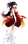  1girl bandages belial_(wild_arms) black_hair breasts cleavage dress kneepits long_hair official_art ooba_wakako red_skirt skirt skirt_grab solo white_background wild_arms wild_arms_4 