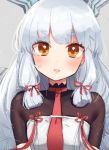  1girl :d bangs blunt_bangs blush brown_eyes collarbone eyebrows eyebrows_visible_through_hair grey_background hair_ribbon head_tilt headgear kantai_collection looking_at_viewer murakumo_(kantai_collection) necktie open_mouth portrait red_necktie red_ribbon remodel_(kantai_collection) ribbon short_sleeves sidelocks silver_hair simple_background skin_tight smile solo tareme thick_eyebrows yuyupo 