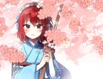  1girl :d blush cherry_blossoms frills hairband holding holding_sword holding_weapon idolmaster idolmaster_cinderella_girls japanese_clothes kimono long_sleeves looking_at_viewer murakami_tomoe open_mouth petals redhead sash short_hair smile solo sword tareme upper_body violet_eyes weapon wide_sleeves wooden_sword yuyupo 