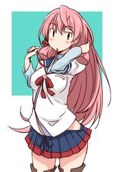  1girl akashi_(kantai_collection) arms_up blue_skirt blush breasts green_eyes hair_ribbon hip_vent kantai_collection kugui_kiyunemu long_hair long_sleeves looking_at_viewer mouth_hold pink_hair pleated_skirt ribbon ribbon_in_mouth school_uniform serafuku skirt solo thigh-highs tress_ribbon twintails 