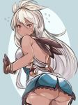  1girl armor armored_dress ass brown_gloves dark_skin dress flying_sweatdrops from_behind gloves granblue_fantasy long_hair looking_at_viewer looking_back red_eyes solo tears the_order_grande toi_(toiot) very_long_hair white_hair 