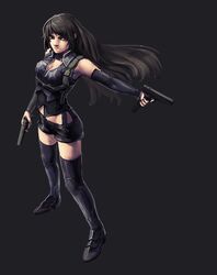  1girl afi_(arsenixc) artist_request black_background black_hair black_legwear borrowed_character breasts cleavage detached_sleeves dual_wielding expressionless extended_magazine gun handgun highres long_hair midriff original pistol shorts simple_background solo symbol-shaped_pupils thigh-highs weapon wide_stance 