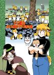  2girls animal animal_ears azuki_osamitsu bowler_hat brown_eyes brown_hair commentary_request fox fox_ears fox_tail futatsuiwa_mamizou glasses grey_fur hand_on_headwear hat holding_animal multiple_girls multiple_tails orange_eyes orange_hair raccoon_ears raccoon_tail smile tail too_many touhou tree tree_stump white_fur yakumo_ran 