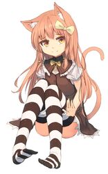  1girl animal_ears bow cat_ears cat_tail dress full_body hair_bow highres long_hair original panties panty_pull pink_hair shone short_sleeves simple_background sitting smile solo striped striped_legwear tail thigh-highs underwear white_background white_panties yellow_bow yellow_eyes 