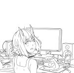 1girl arsenixc blush bottle chips computer_keyboard computer_mouse cup fang frown highres horns horny_(arsenixc) lineart looking_back monitor monochrome open_mouth original pencil plate pointy_ears shirt short_hair sitting sleeveless sleeveless_shirt slit_pupils solo speaker stylus table tablet template wacom water_bottle webcam 
