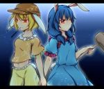  2girls amagumo animal_ears blonde_hair blue_dress blue_hair bunny_tail dress flat_cap hat holding_hands kine long_hair mallet multiple_girls navel rabbit_ears red_eyes ringo_(touhou) seiran_(touhou) shirt short_hair short_sleeves tail touhou 