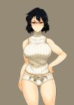  1girl black_hair blush breasts brown_eyes earrings frown glasses grey_background hand_on_hip jewelry large_breasts looking_at_viewer namidate panties red-framed_glasses ribbed_sweater semi-rimless_glasses shiny shiny_hair short_hair sleeveless solo standing sweater turtleneck underwear white_panties 