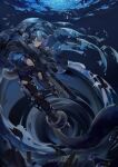  1girl absurdres animal_ears arknights bangs blue_eyes blue_hair blunt_bangs boots bubble chinese_commentary closed_mouth glaucus_(arknights) highres holding holding_weapon jacket long_sleeves pants railgun solo tentacles underwater weapon zhishihua 