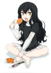  1girl barefoot black_hair blood blouse brown_eyes eating fang highres holding knife long_hair miniskirt nimouto open_mouth orange_(fruit) pleated_skirt short_over_long_sleeves sitting skirt solo usotsuki_mii-kun_to_kowareta_maa-chan wanyan_aguda white_background white_skirt 