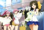 4girls absurdres ahoge blue_skirt brown_eyes brown_hair celine collarbone flower green_hair hair_ornament highres huge_filesize juicy long_hair momo_velia_deviluke multiple_girls nana_asta_deviluke official_art open_mouth panties pink_hair pink_panties pink_shorts ponytail school_uniform short_hair skirt tail to_love-ru underwear violet_eyes yellow_shorts yuuki_mikan