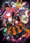 1girl black_legwear blue_eyes breasts cleavage collar collarbone demon_tail elizabeth_bathory_(fate/grand_order) fate/grand_order fate_(series) gorn hair_ribbon halloween_costume hat holding holding_weapon lancer_(fate/extra_ccc) long_hair orange_ribbon pink_hair pointy_ears ribbon smile solo tail thigh-highs witch_hat yuzushiro_(sei)