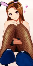  1girl animal_ears bare_shoulders blush brown_eyes brown_hair bunny_girl bunnysuit convenient_leg detached_collar fake_animal_ears fishnet_pantyhose fishnets hairband hayamaso heart idolmaster leg_hug long_hair looking_at_viewer minase_iori pantyhose rabbit_ears smile solo wrist_cuffs 