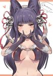 1girl animal_ears bell blush breasts fox_ears fox_shadow_puppet granblue_fantasy hair_bell hair_ornament heart jingle_bell long_hair looking_at_viewer navel puckered_lips red_eyes solo speech_bubble toi_(toiot) upper_body yuel_(granblue_fantasy) 